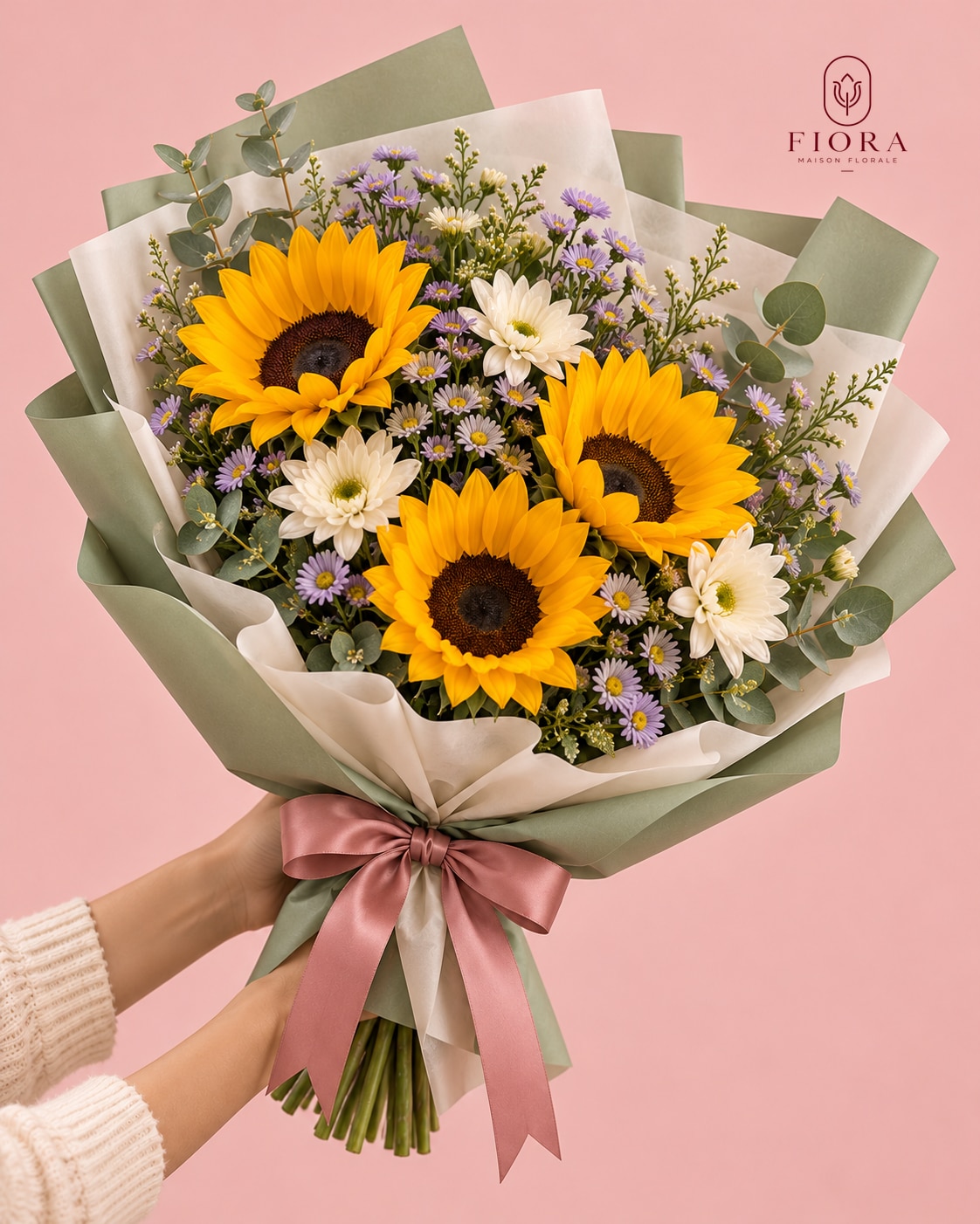 Stella, girasoles y flores claras con papel verde salvia