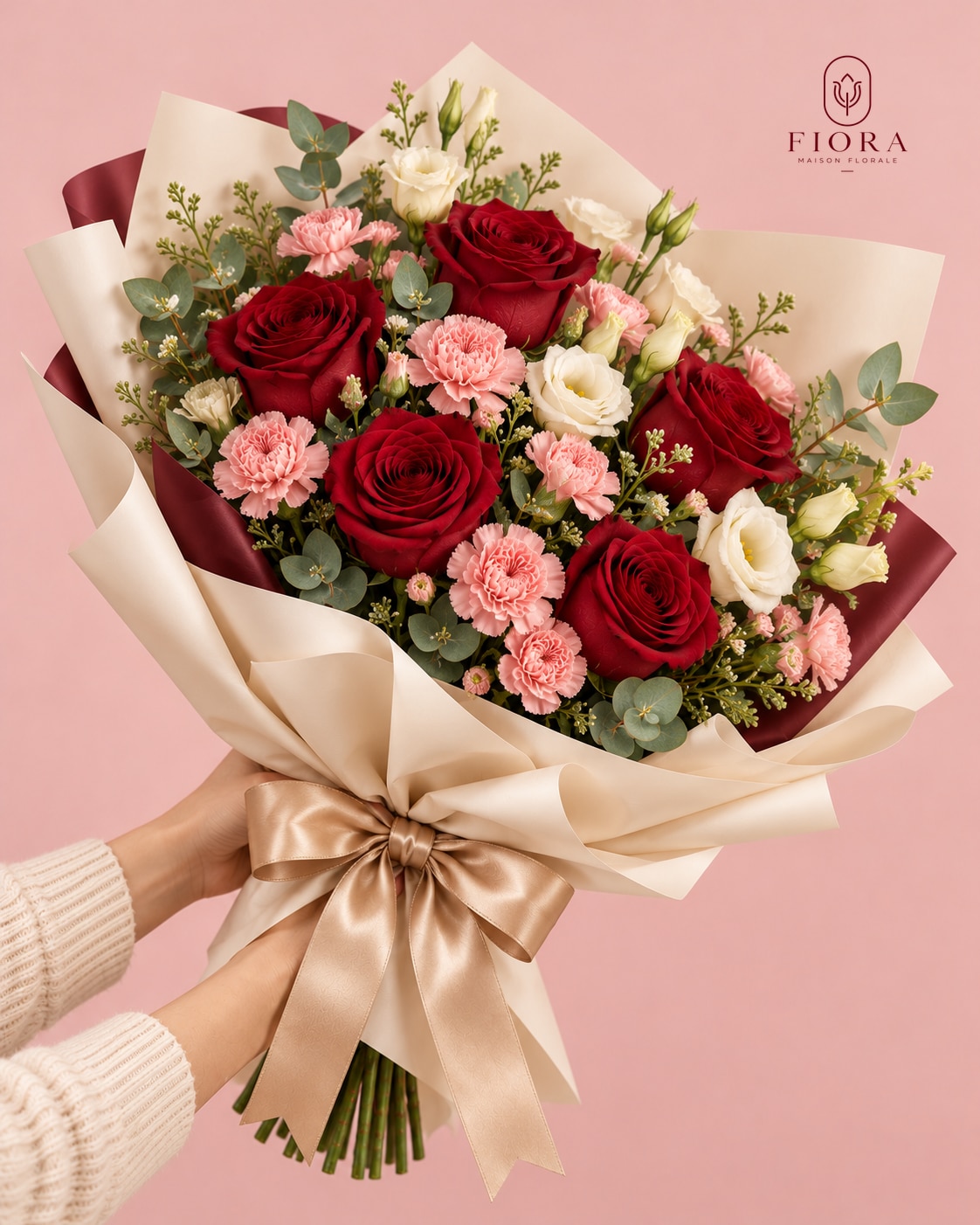 Capitolo, rosas borgoña y flores blush con papel marfil