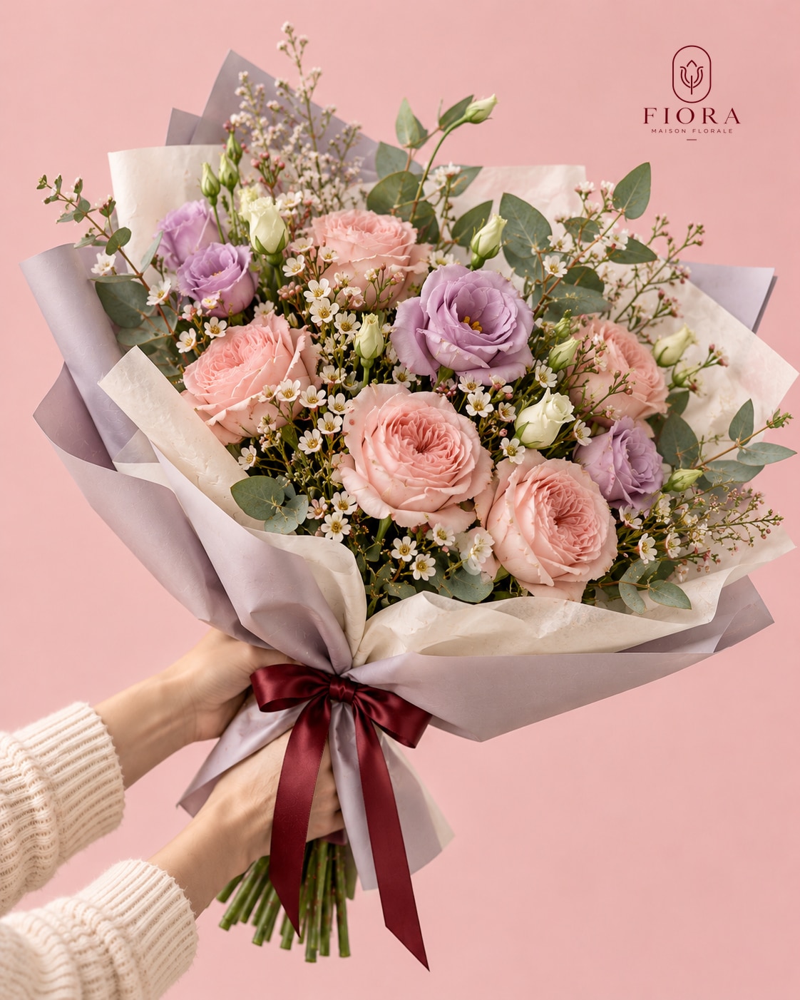 Élan, rosas rosa y flores lila con papel gris lavanda