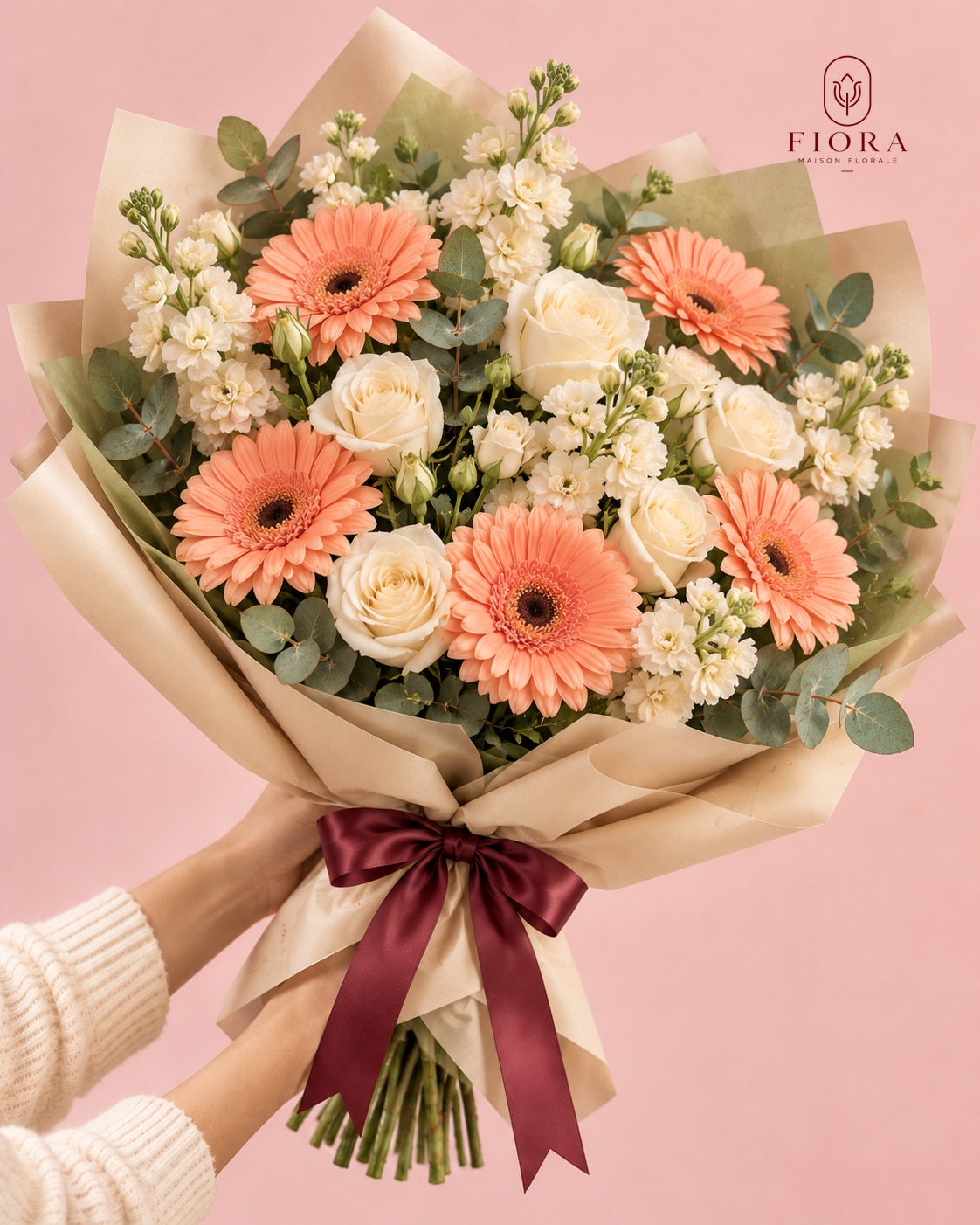 Lumière, gerberas durazno y rosas crema con papel champán