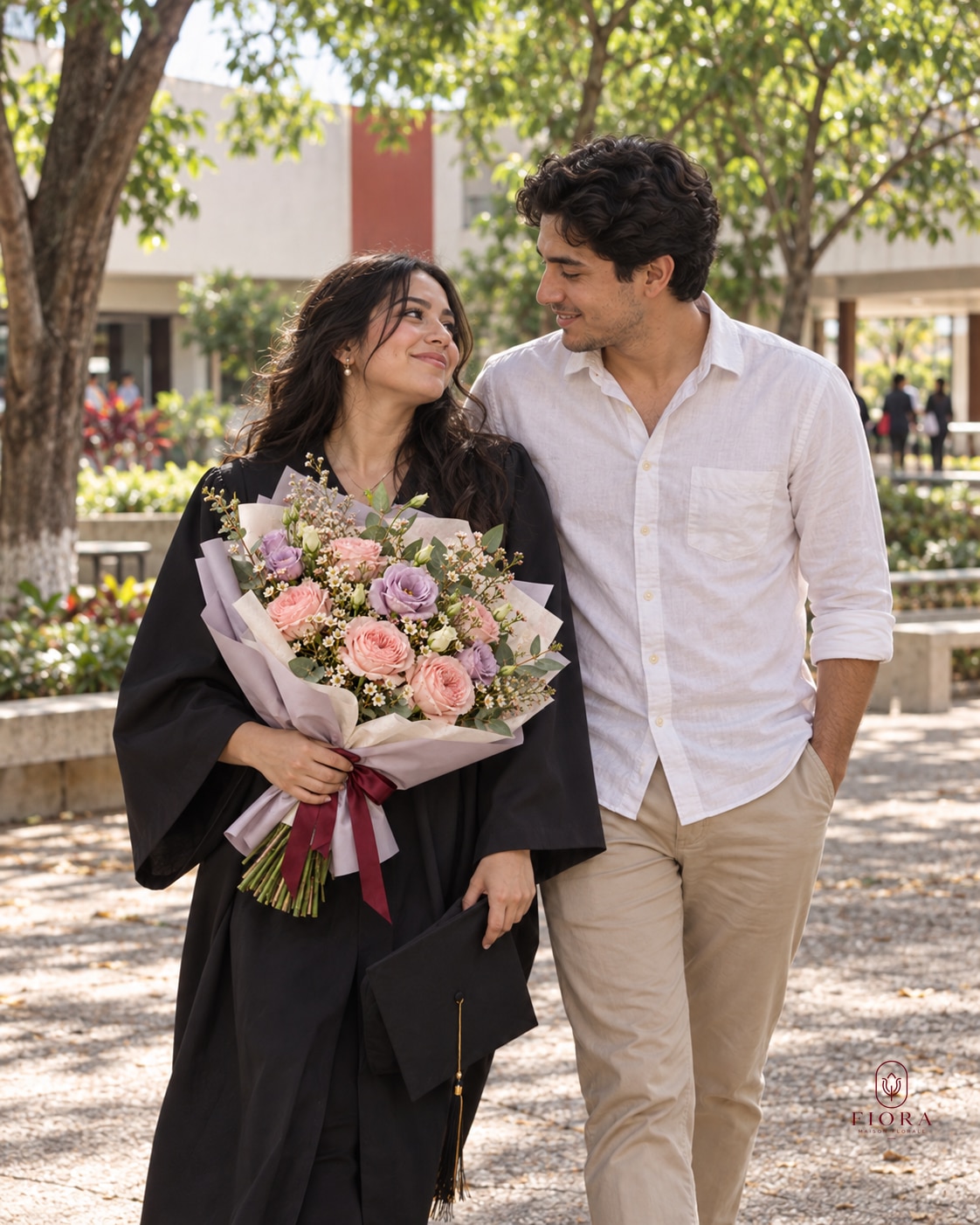 Escena conceptual al aire libre de pareja celebrando una graduación universitaria